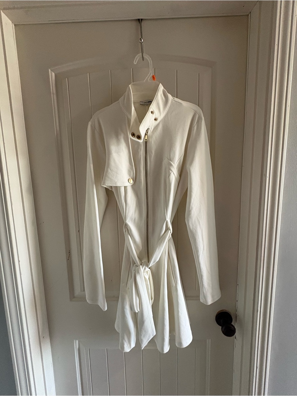 Fashion Nova Cream Long-Sleeve Tie-Waist Dress with Stand Collar